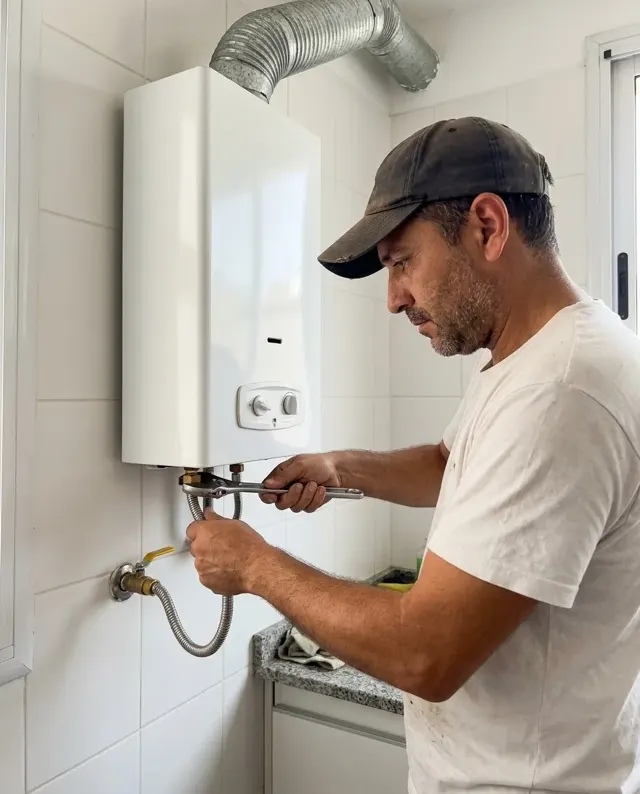 Gasista conectando un calefón a la cañería de gas